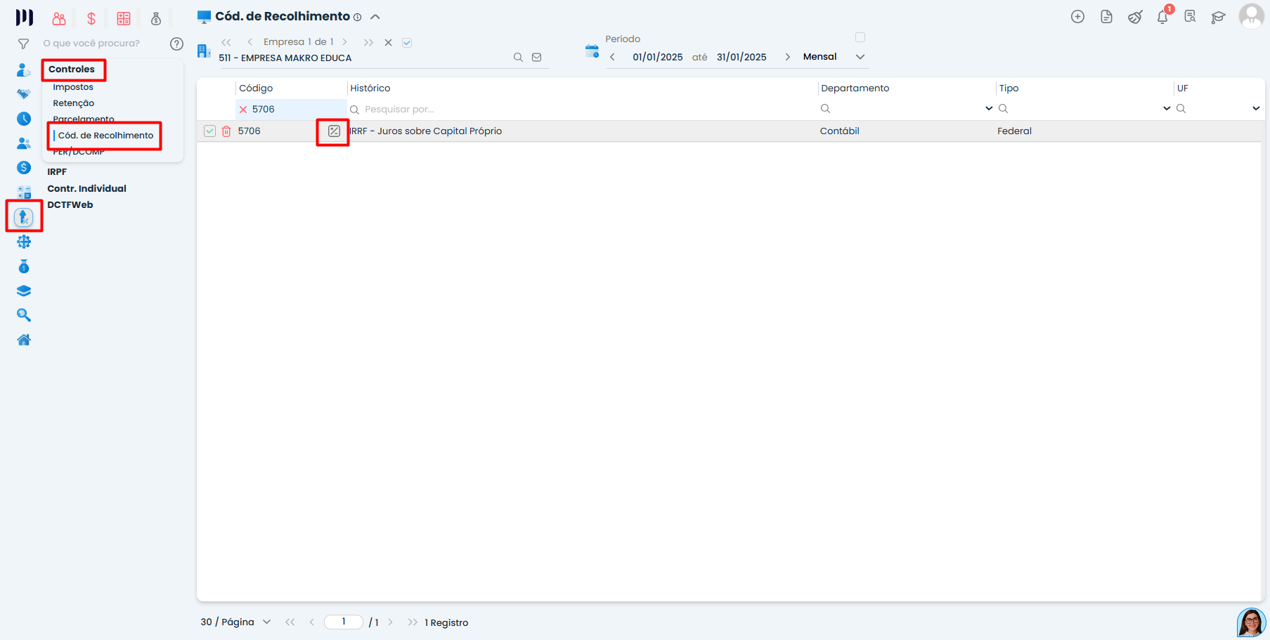 Lista de códigos no Sistema Contábil Makro destacando IRRF sobre Juros sobre Capital Próprio para conferência e edição.
