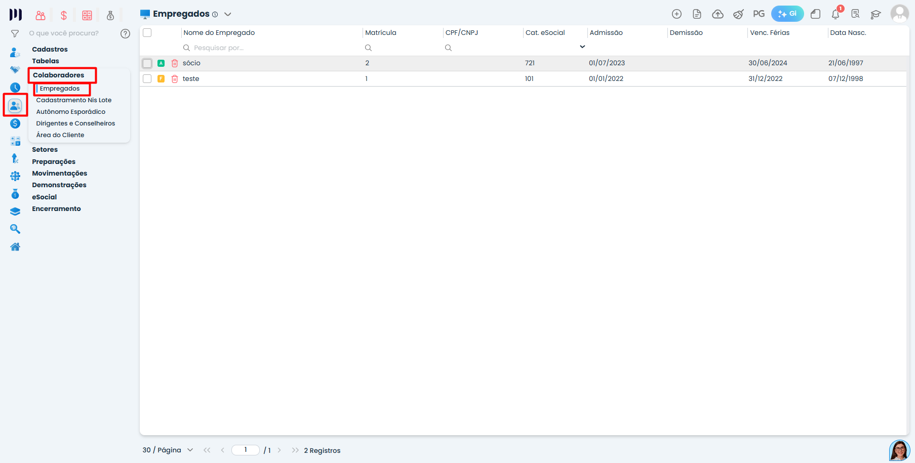 Tela de Empregados no Sistema Contábil Makro com cadastro de sócio para cálculo de Juros sobre Capital Próprio.