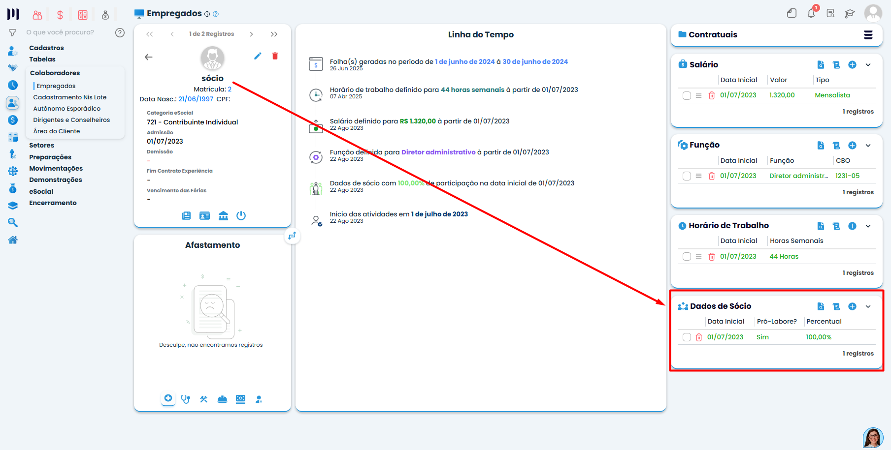Tela Dados de Sócio no Sistema Contábil Makro mostrando percentual de participação para Juros sobre Capital Próprio.