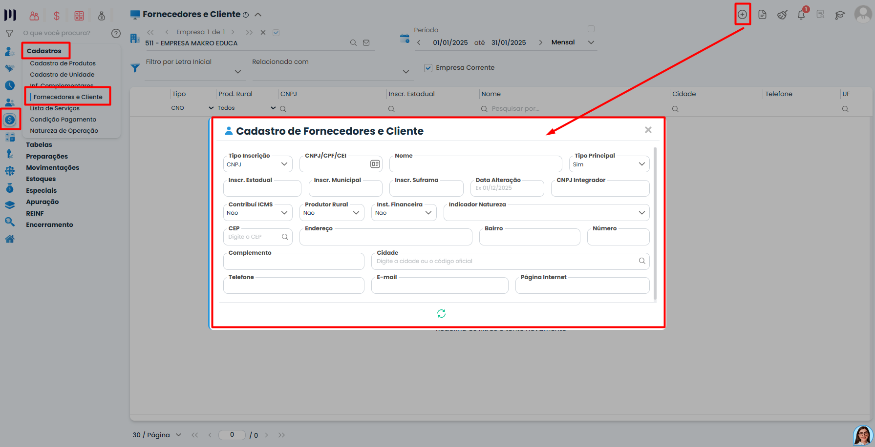 Cadastro de Fornecedores e Clientes no Sistema Contábil Makro com sócio vinculado aos Juros sobre Capital Próprio.