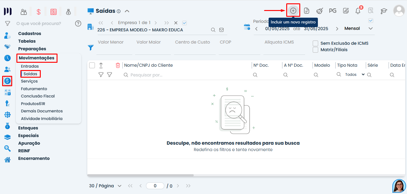 Tela de Saídas no Sistema Contábil Makro com menu Movimentações destacado para iniciar lançamento de Nota fiscal denegada.