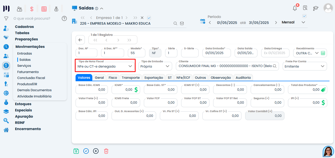 Cadastro de NFe ou CT-e denegada no Sistema Contábil Makro com campo Tipo de Nota Fiscal selecionado como Nota fiscal denegada.