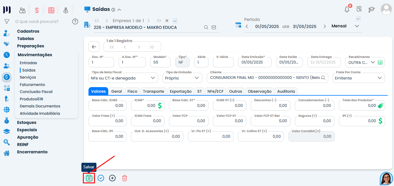 Botão Salvar destacado no Sistema Contábil Makro para concluir lançamento de Nota fiscal denegada no módulo de Saídas.