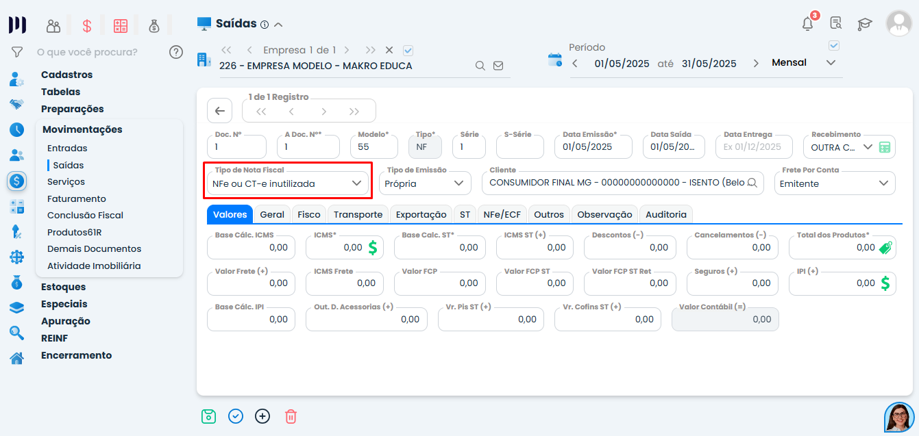Tela de inclusão no Sistema Contábil Makro com campo NFe ou CT-e inutilizada selecionado para lançamento manual de nota fiscal.