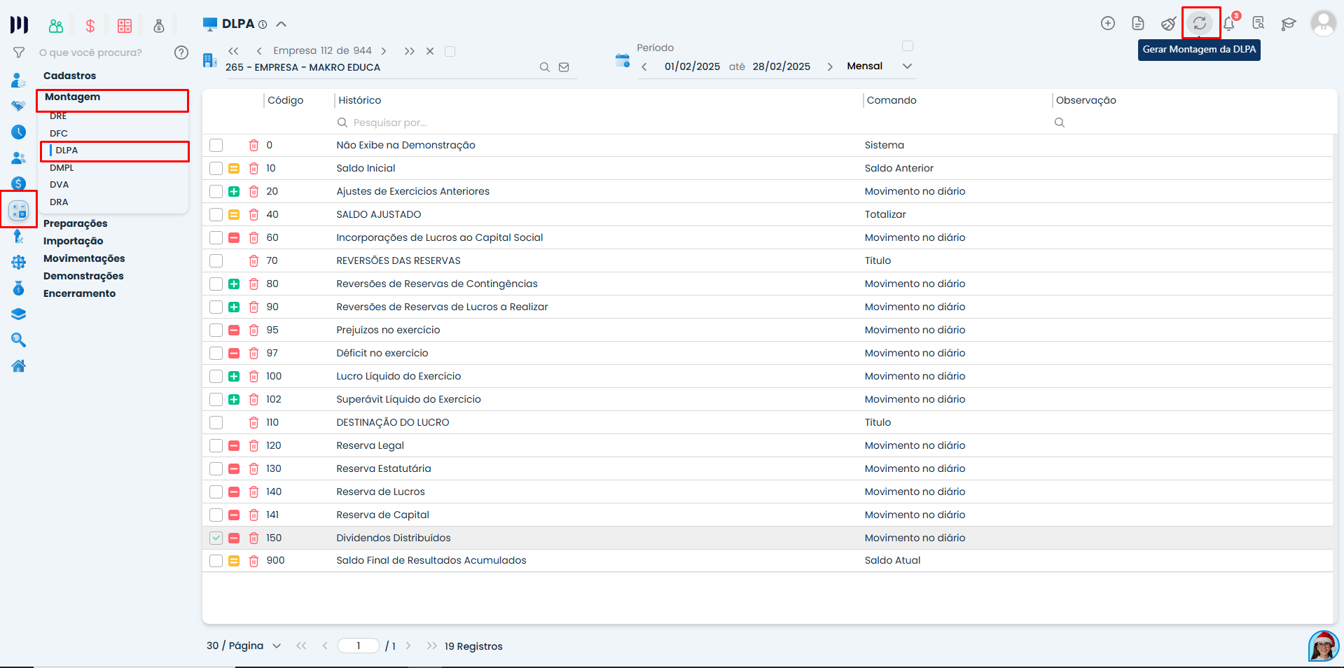 Tela do Sistema Contábil Makro exibindo o menu Contábil na opção Montagem DLPA, com destaque no botão Gerar Montagem da DLPA para criação da estrutura.