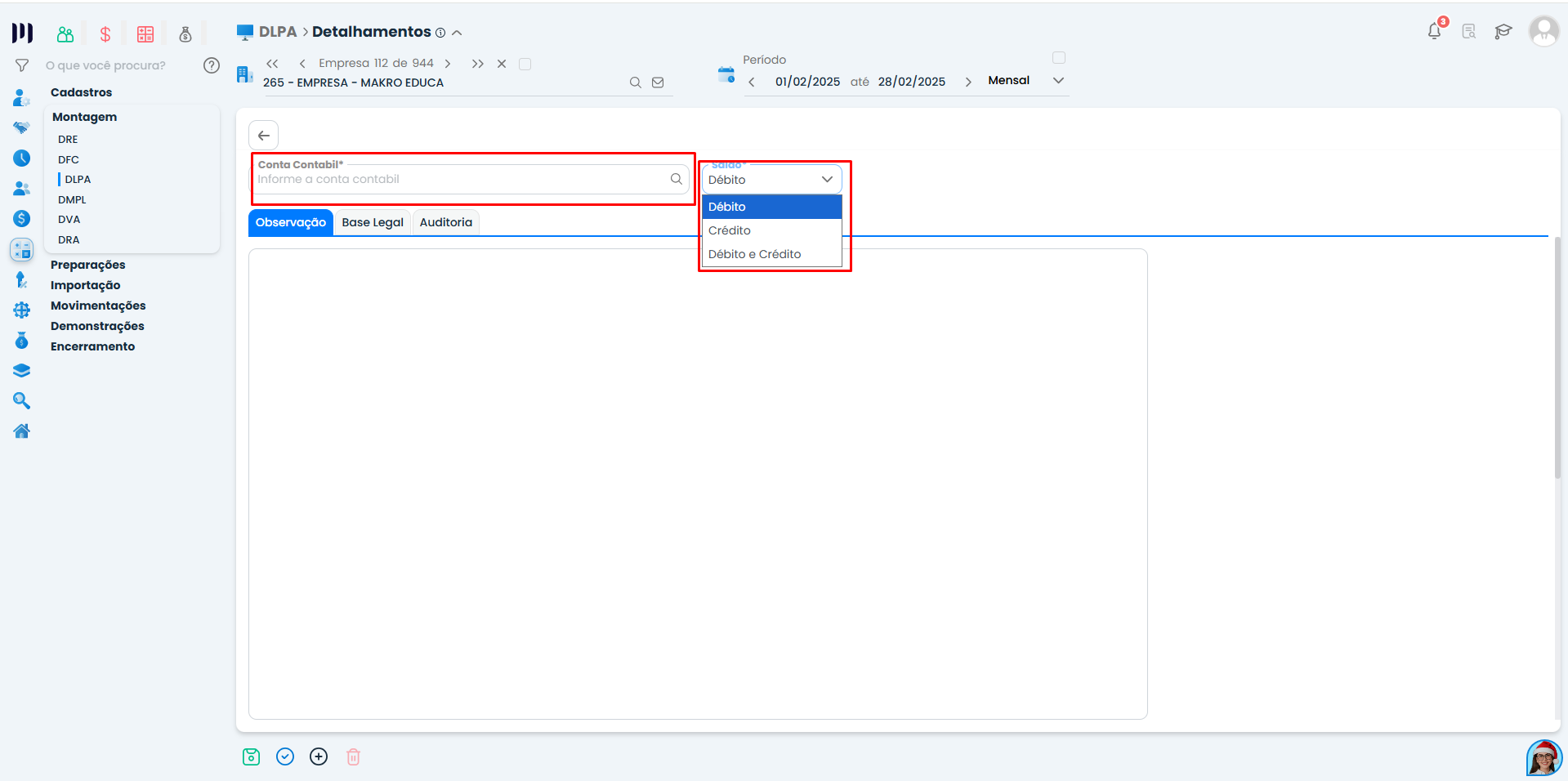 Formulário do Sistema Contábil Makro para incluir conta contábil na Montagem DLPA, com seleção de conta, tipo de saldo e campo de observação.