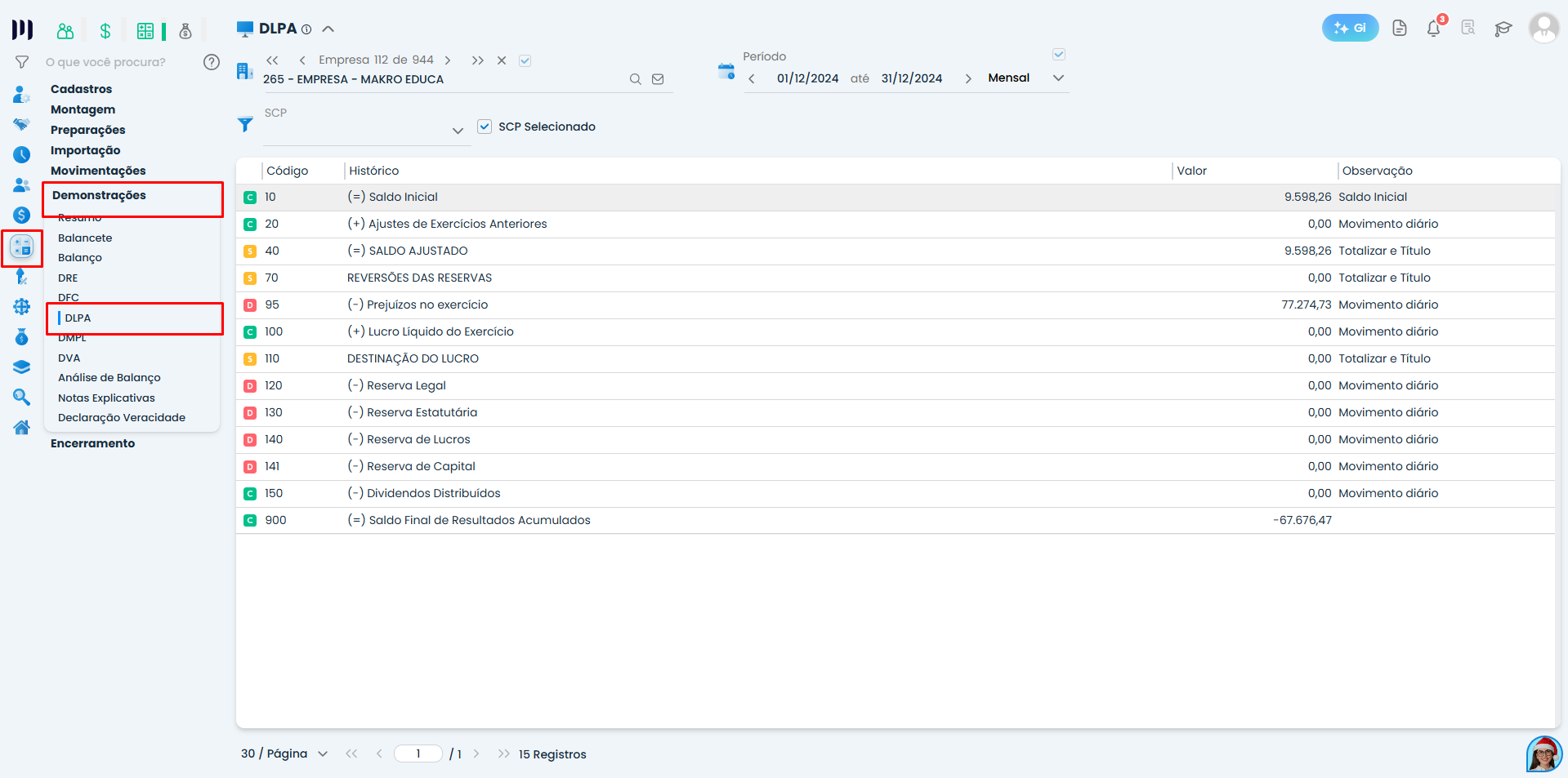 Tela de Demonstrações do Sistema Contábil Makro exibindo a DLPA finalizada com saldos apurados após a correta Montagem DLPA no sistema.