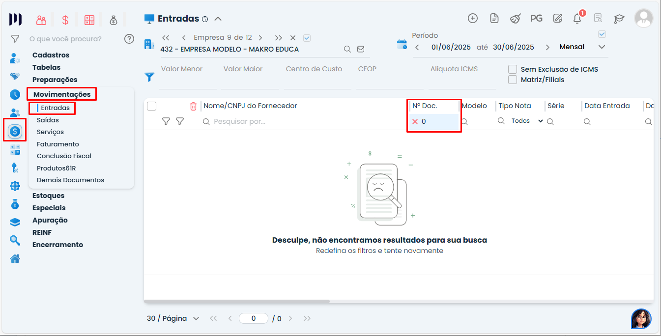 Tela do módulo Entradas no Sistema Contábil Makro com filtro ativo ocultando notas fiscais de entradas e mensagem de nenhum resultado encontrado.
