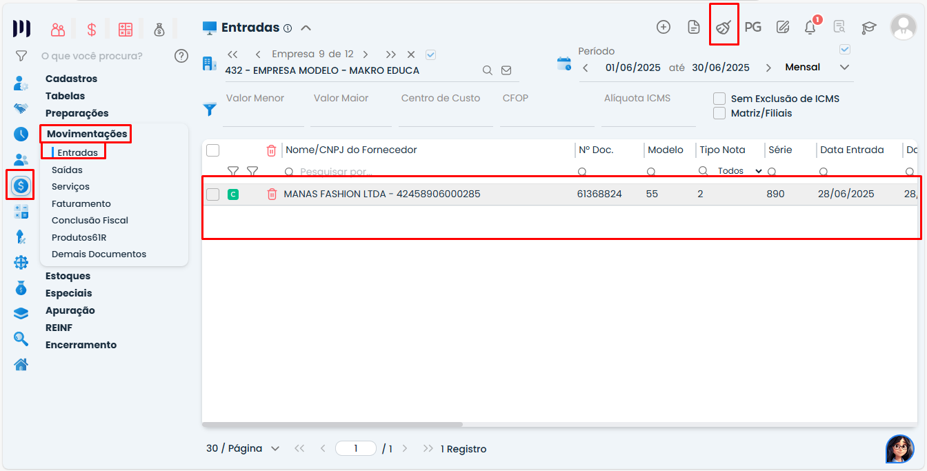 Listagem de notas fiscais de entradas no Sistema Contábil Makro após limpar filtros, exibindo fornecedor, número do documento e data de entrada.