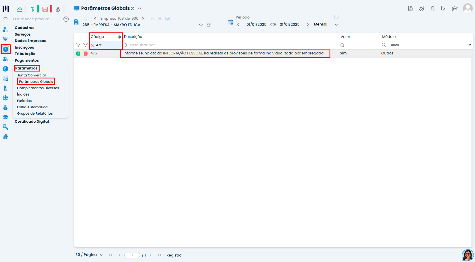 Tela de Parâmetros Globais no Sistema Contábil Makro com código 476 destacado para configurar Provisões da Folha por Empregado.