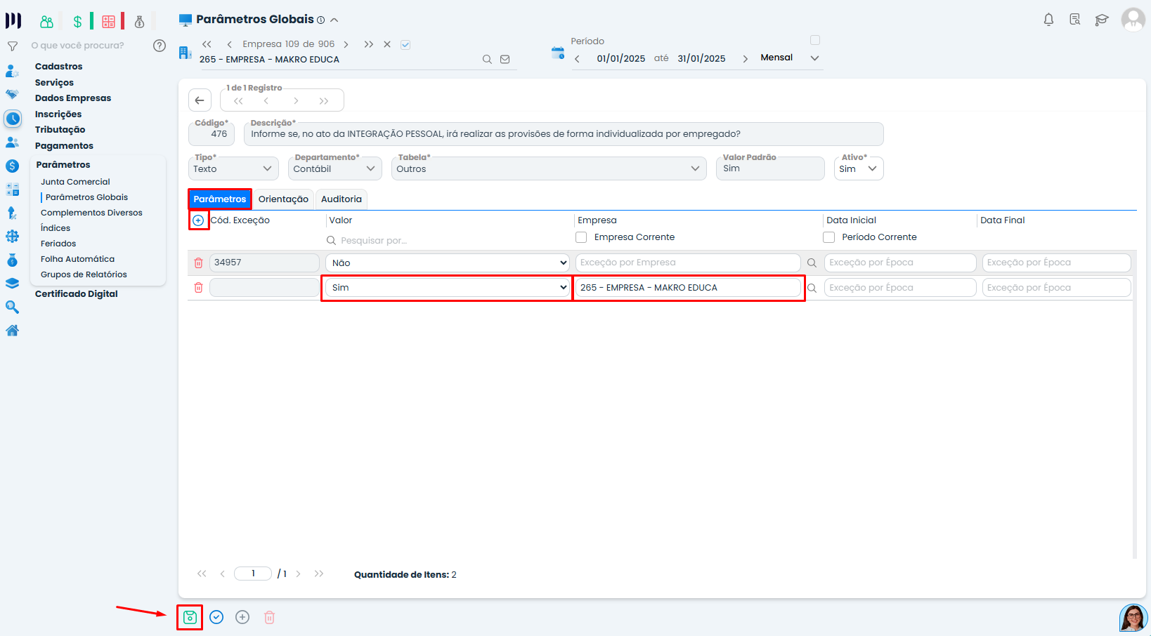 Aba Parâmetros no Sistema Contábil Makro exibindo valor SIM para Provisões da Folha por Empregado por empresa.