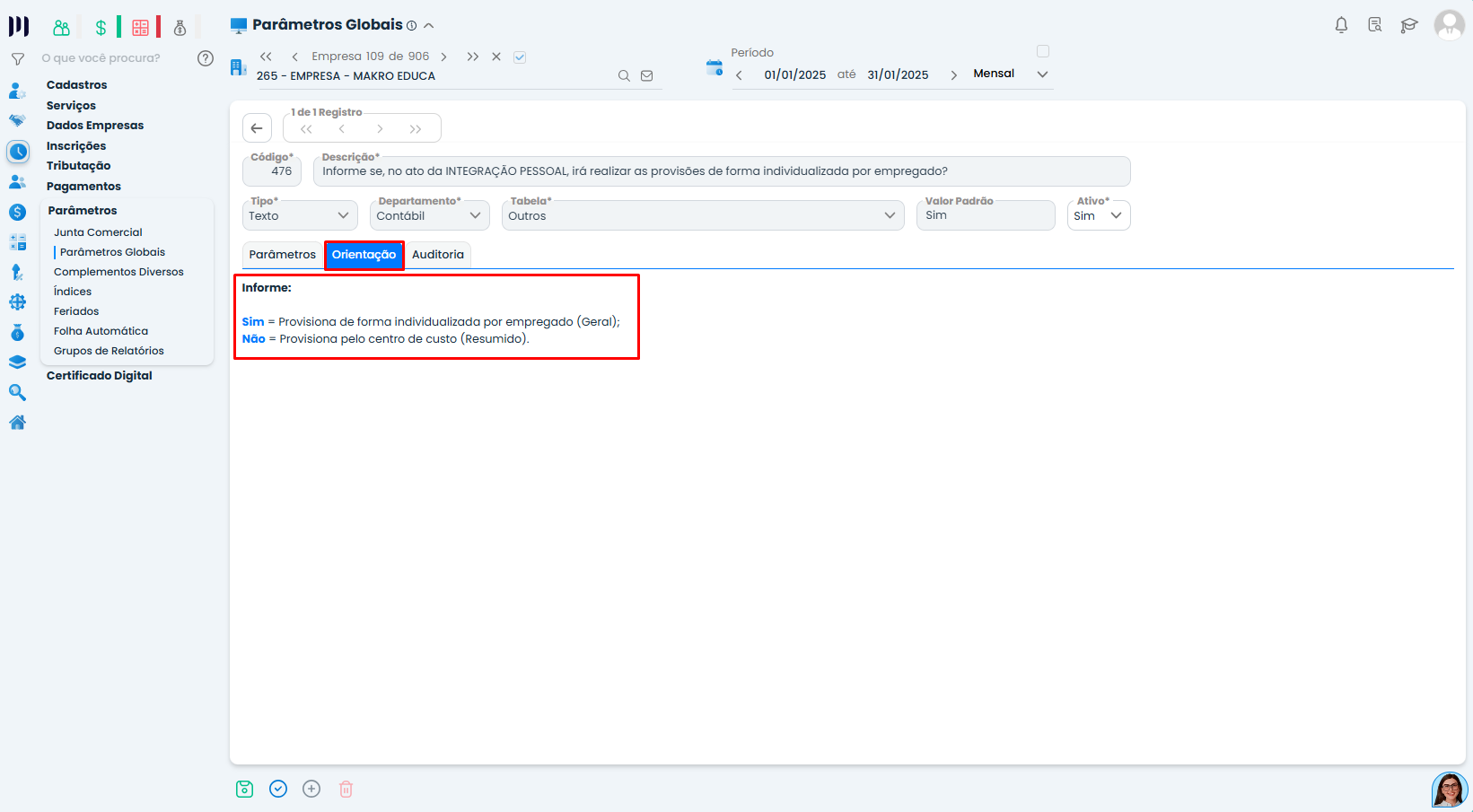 Aba Orientações do Parâmetro 476 no Sistema Contábil Makro explicando Provisões da Folha por Empregado.