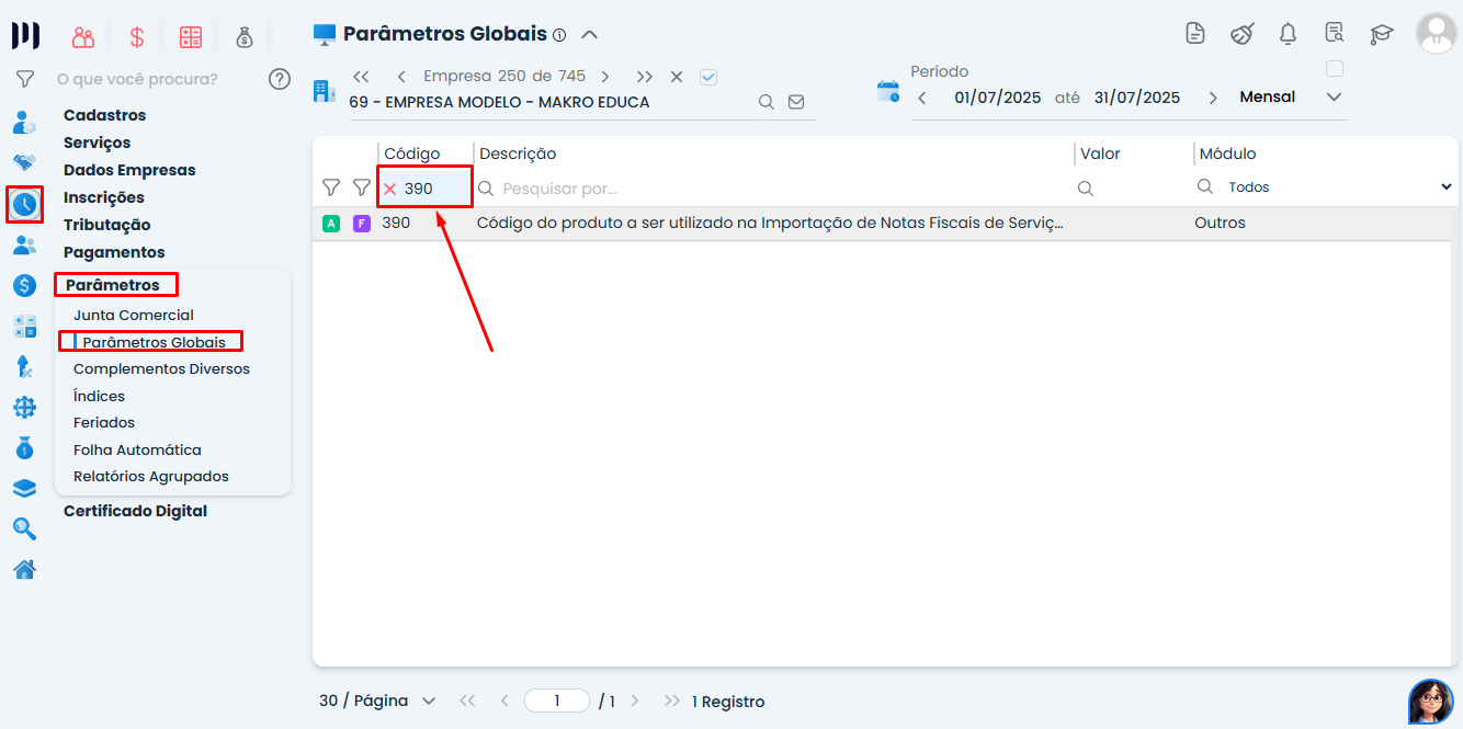 Tela do Sistema Contábil Makro exibindo o Parâmetro 390 em Parâmetros Globais, com menu lateral destacado e código 390 selecionado.