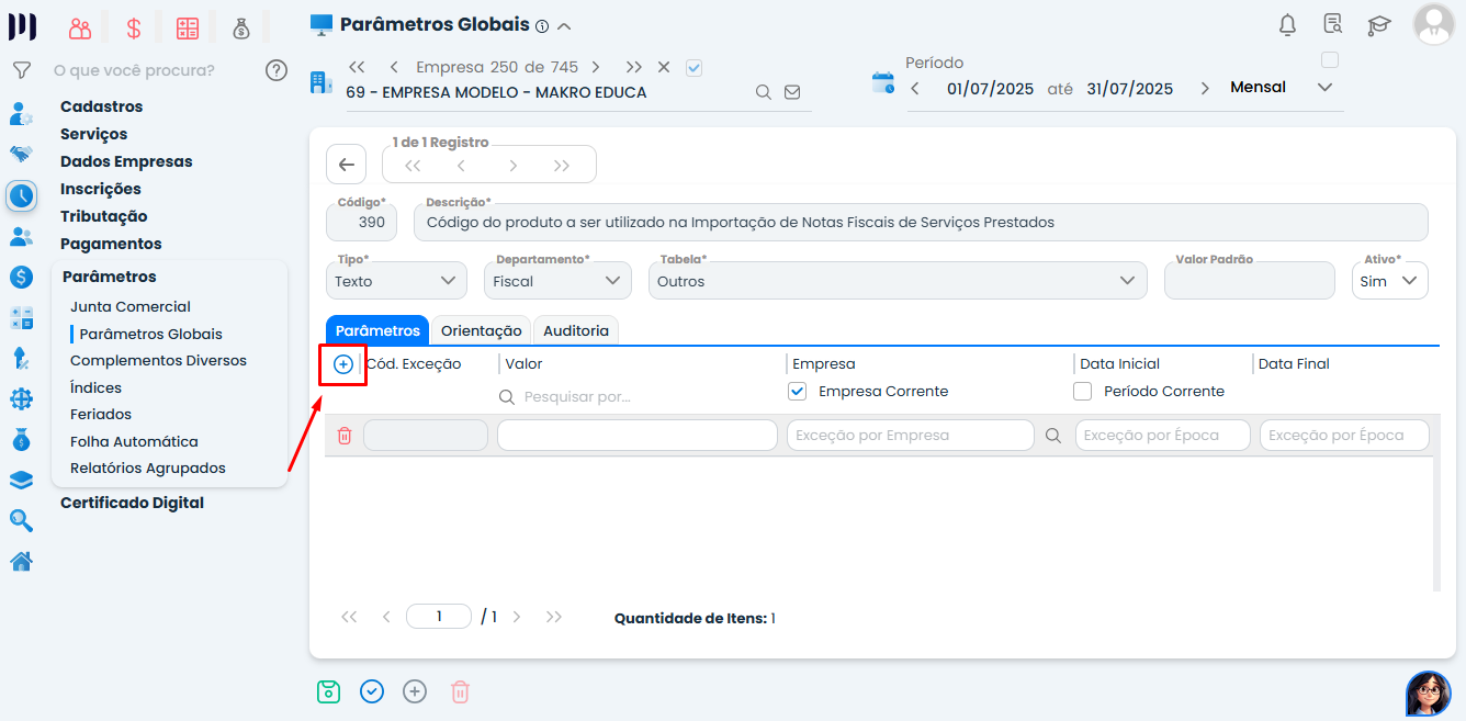Tela de edição do Sistema Contábil Makro mostrando o Parâmetro 390 e botão adicionar nova linha para configurar exceção por empresa.