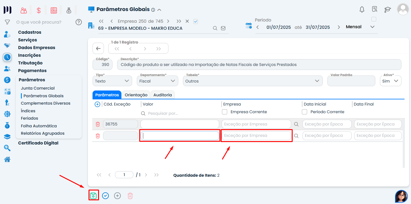 Tela do Sistema Contábil Makro com Parâmetro 390 exibindo campos de valor e exceção por empresa para vinculação automática de produto.