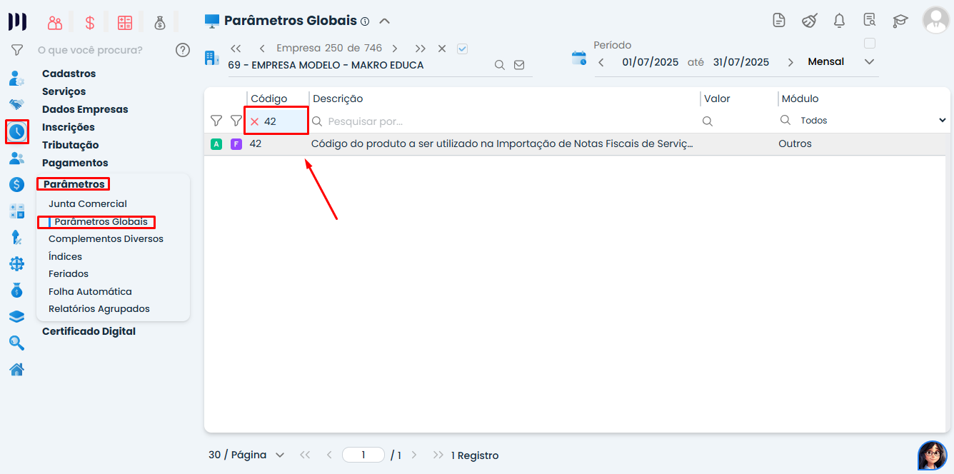 Tela de Parâmetros Globais no Sistema Contábil Makro com busca do Parâmetro 42 destacada e menu lateral em evidência para configuração fiscal.