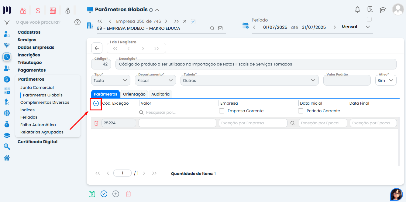 Detalhe do Parâmetro 42 aberto no Sistema Contábil Makro com aba Parâmetros ativa e campo para Código de Exceção na importação de serviços.
