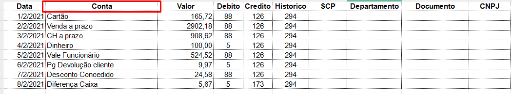 Planilha modelo do Sistema Contábil Makro com destaque para a coluna Conta, usada como complemento de histórico na importação de planilha em excel.