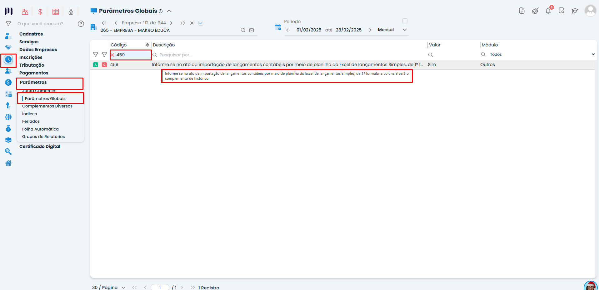 Tela de Parâmetros Globais do Sistema Contábil Makro exibindo o parâmetro 459 ativado para complemento de histórico na importação de planilha em excel.