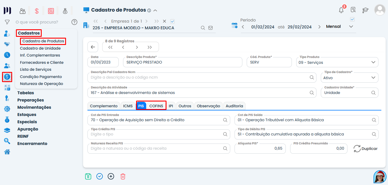 Tela de Cadastro de Produtos no Sistema Contábil Makro com aba PIS/COFINS destacada para configuração conforme Parâmetro 517.