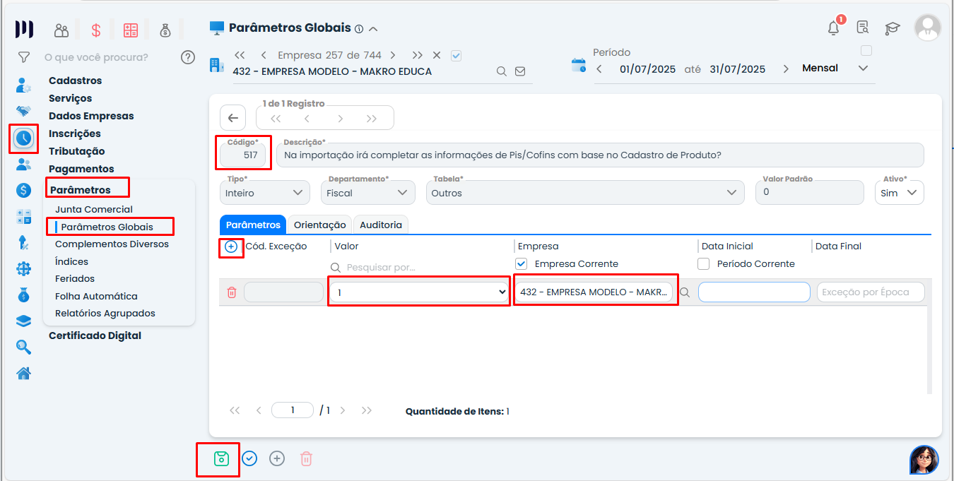 Tela de Parâmetros Globais no Sistema Contábil Makro com Código 517 e valor 1 para ativar preenchimento automático conforme Parâmetro 517.