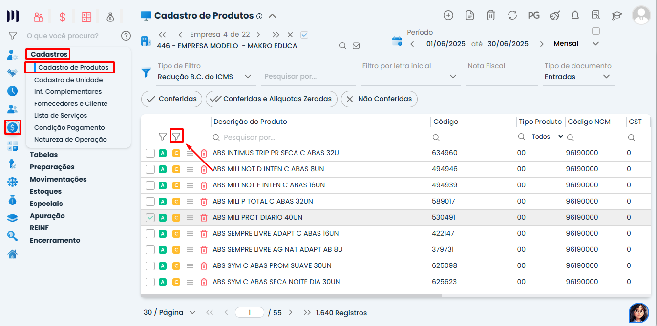 Tela de Cadastro de Produtos no Sistema Contábil Makro destacando menu Cadastros e filtro para Conferência de Produtos no módulo fiscal