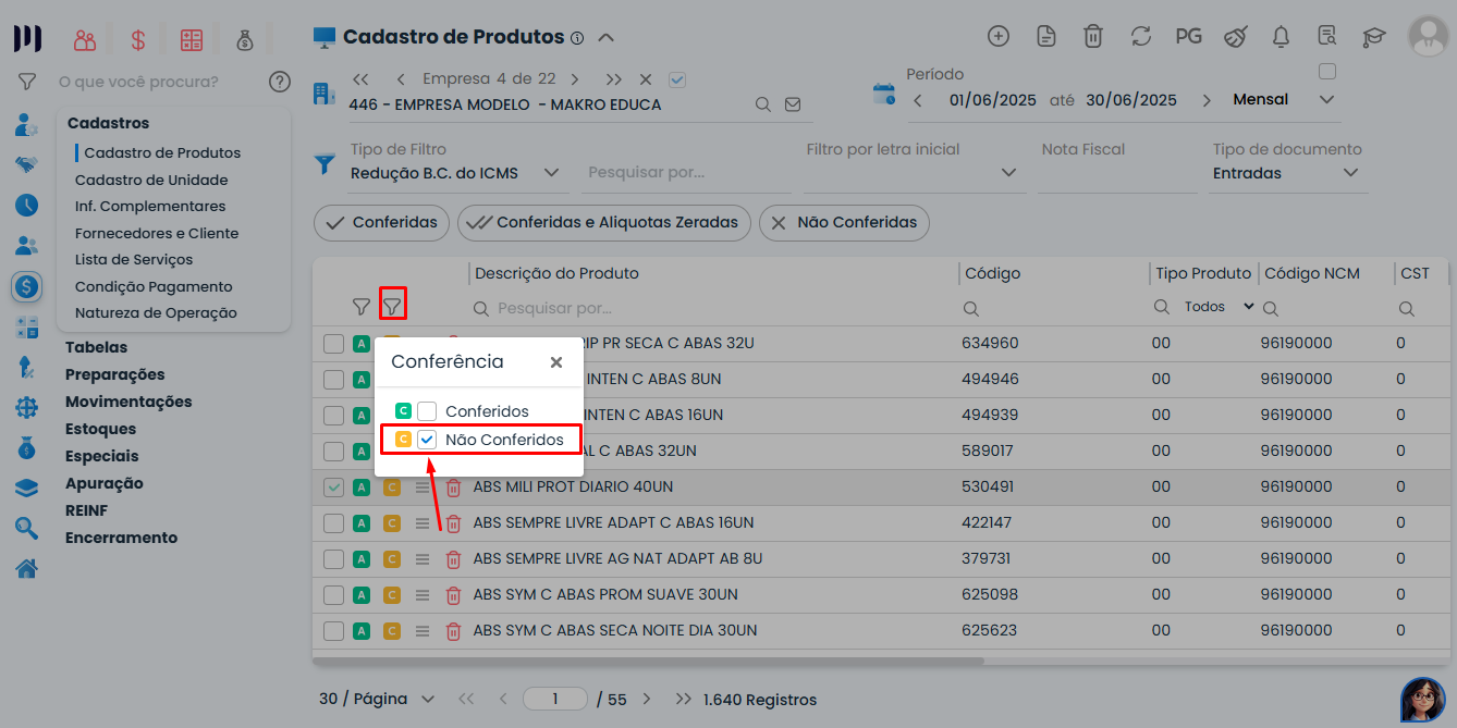 Filtro Não Conferidos selecionado na tela de Conferência de Produtos do Sistema Contábil Makro exibindo lista de itens pendentes