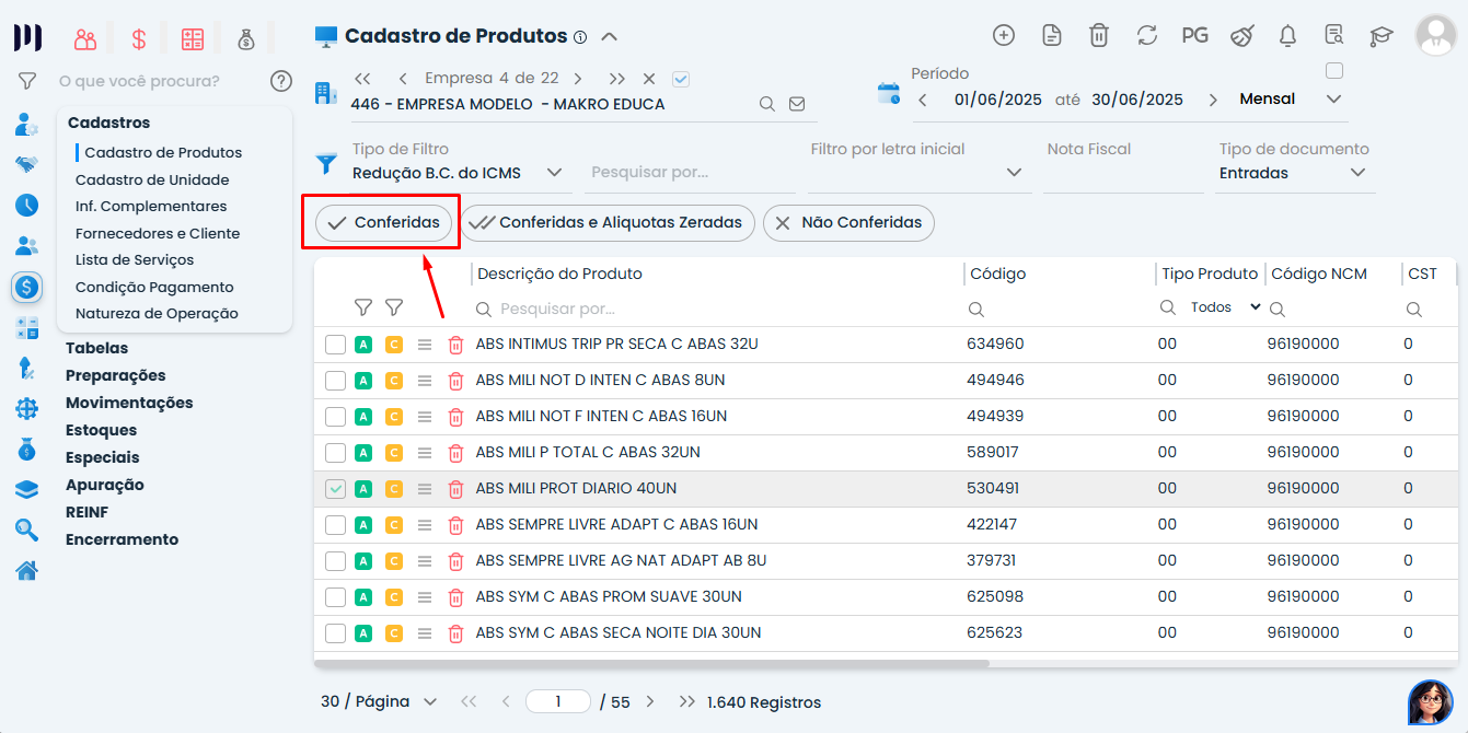 Opção Conferidas marcada no Sistema Contábil Makro durante processo de Conferência de Produtos no cadastro fiscal
