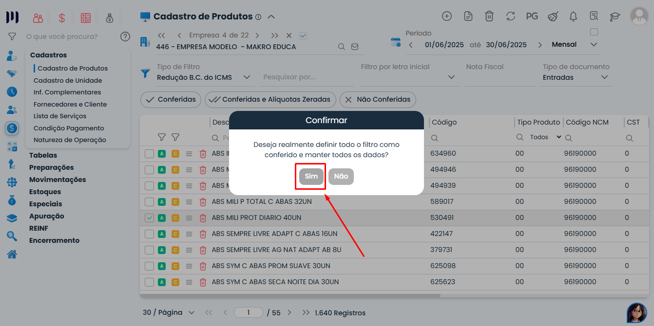 Janela de confirmação da Conferência de Produtos no Sistema Contábil Makro solicitando validação para manter dados cadastrados
