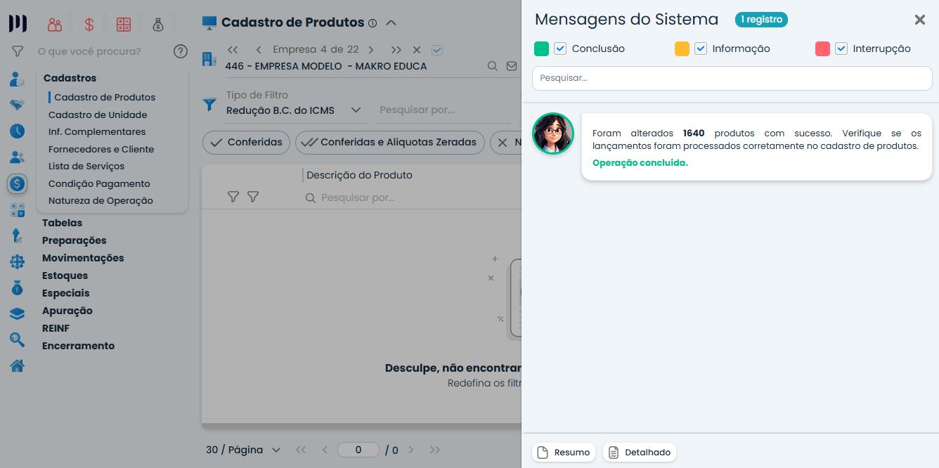 Mensagem de conclusão da Conferência de Produtos no Sistema Contábil Makro informando sucesso na atualização dos registros
