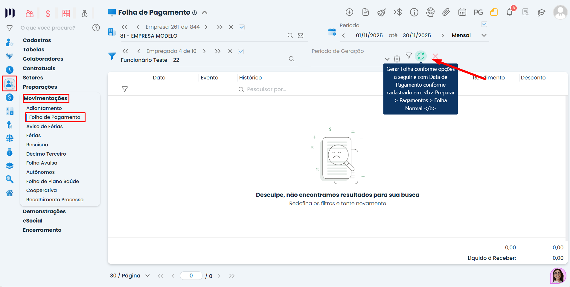 Tela do Sistema Contábil Makro em Fechar Período com botão Encerrar destacado, etapa do fechamento da folha de pagamento no módulo Pessoal.