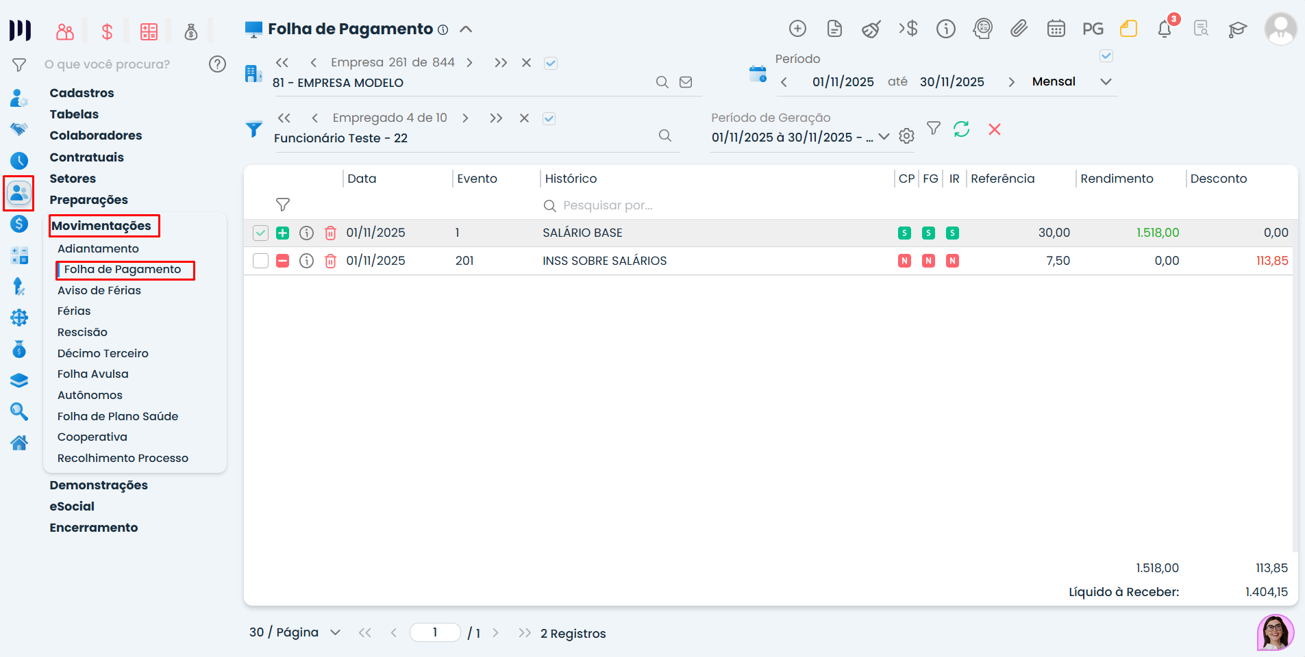 Tela do Sistema Contábil Makro em Dados Periódicos com opção Gerar Dados para empresa, relacionada ao fechamento da folha de pagamento.