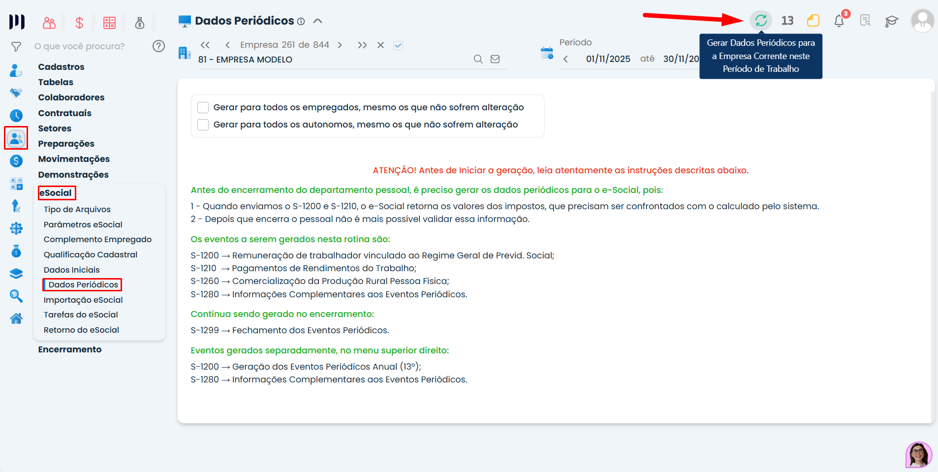 Tela do Sistema Contábil Makro em Folha de Pagamento com lançamentos de salário e INSS, etapa inicial do fechamento da folha de pagamento.