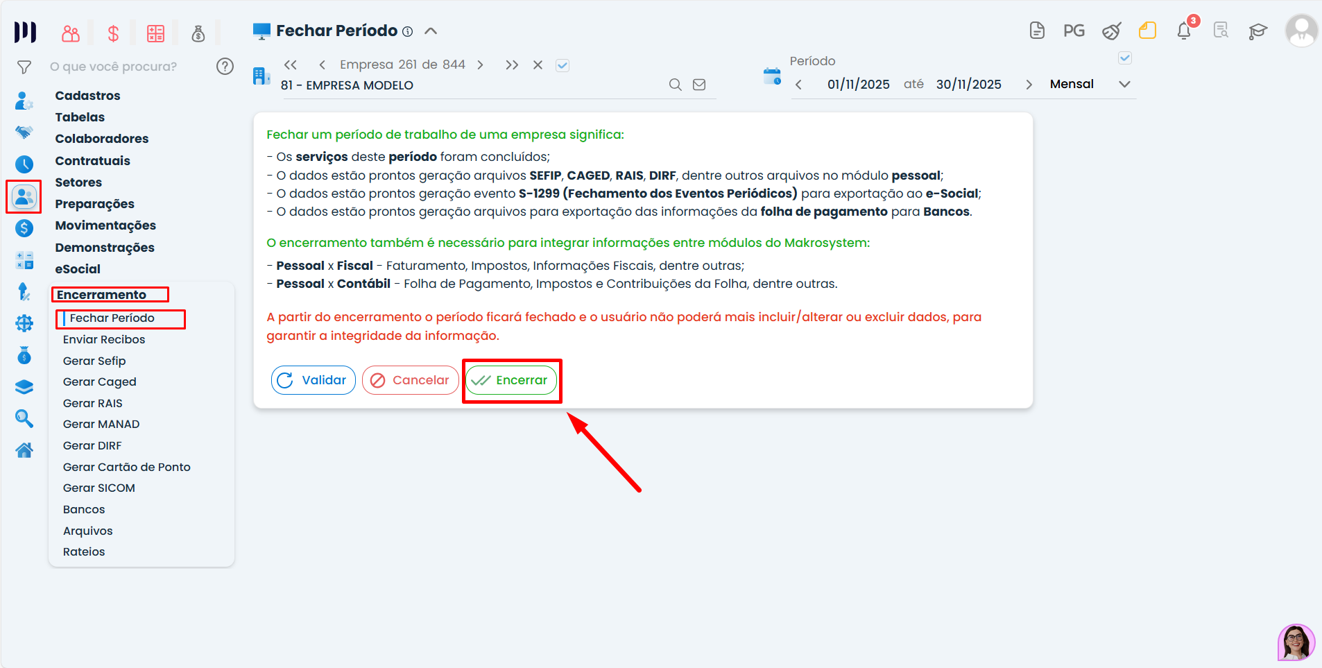 Tela do Sistema Contábil Makro com botão Gerar Folha destacado na Folha de Pagamento, parte do fechamento da folha de pagamento.
