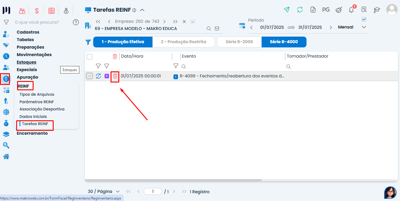 Tela do Sistema Contábil Makro na aba Tarefas REINF com evento R-4099 em Período Sem Movimento destacado para exclusão na Série R-4000.