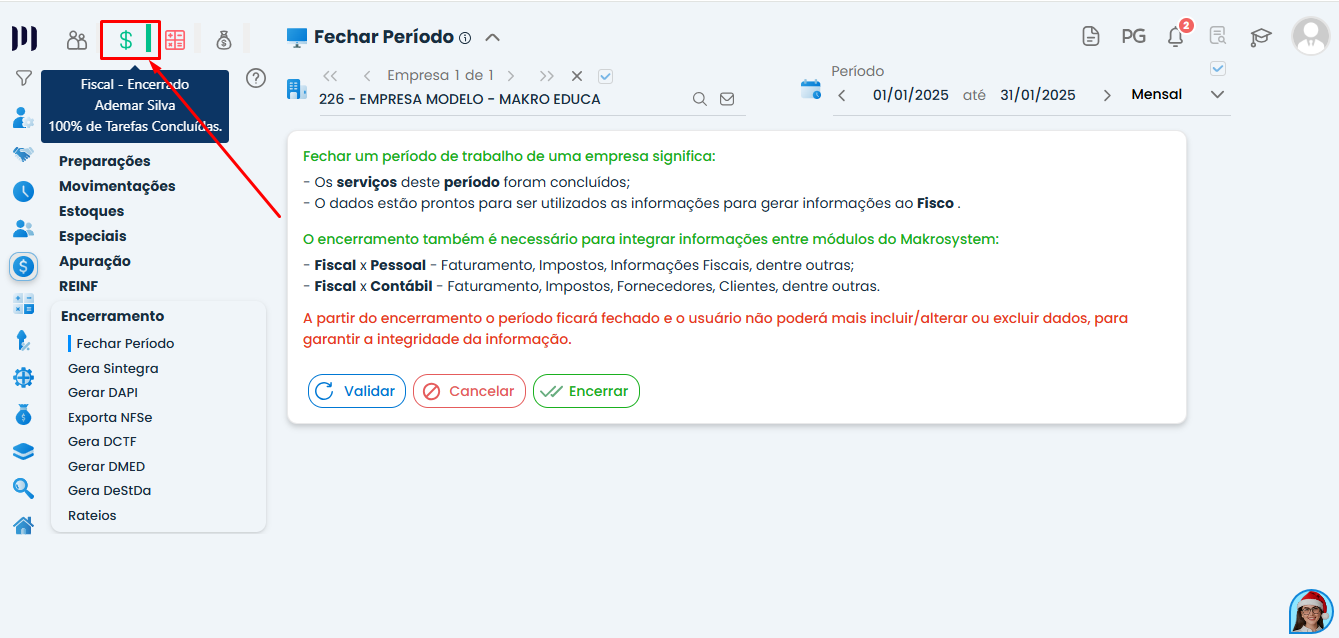 Painel Fiscal do Sistema Contábil Makro com menu Encerramento selecionado para realizar o Encerramento do Departamento Fiscal.
