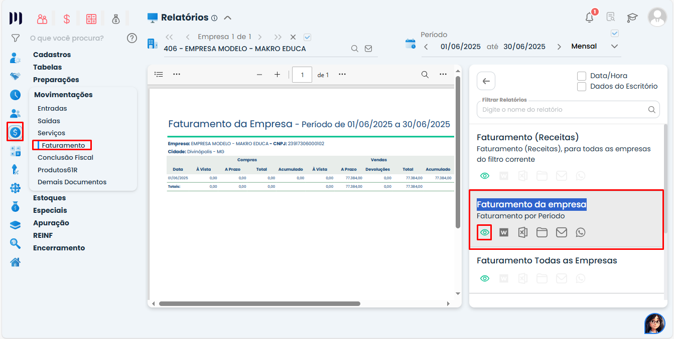 Tela do Sistema Contábil Makro exibindo Relatório de Faturamento da empresa com menu Fiscal > Movimentações > Faturamento e painel de relatórios ativo.