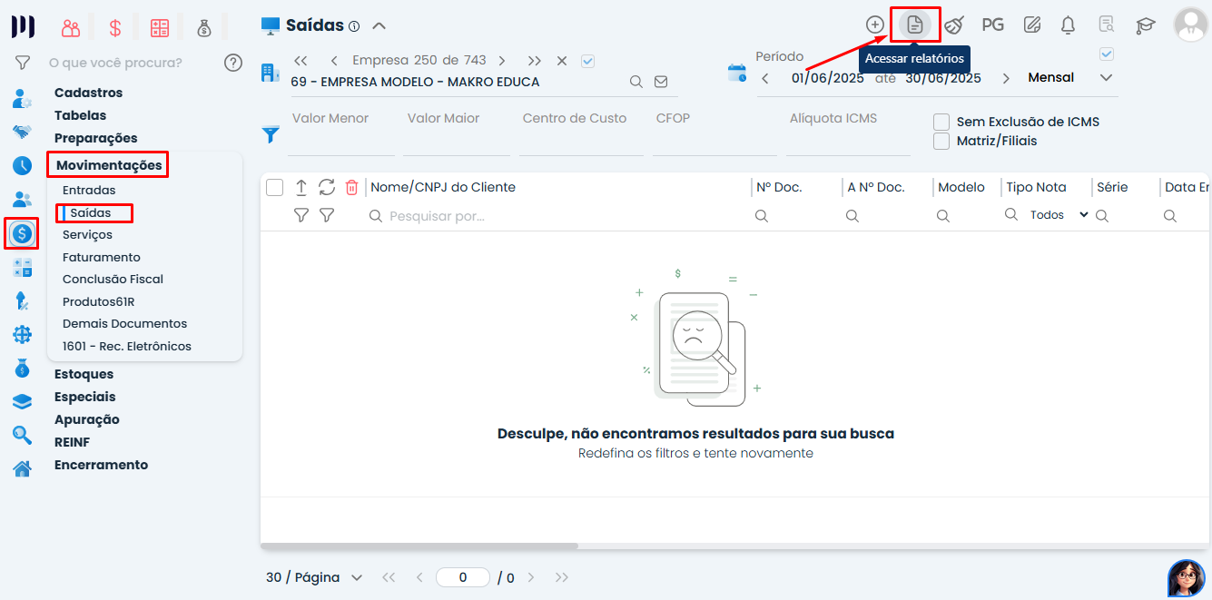 Tela do Sistema Contábil Makro em Movimentações > Saídas, com destaque para o ícone de acesso aos Relatórios de Saída no módulo Fiscal.