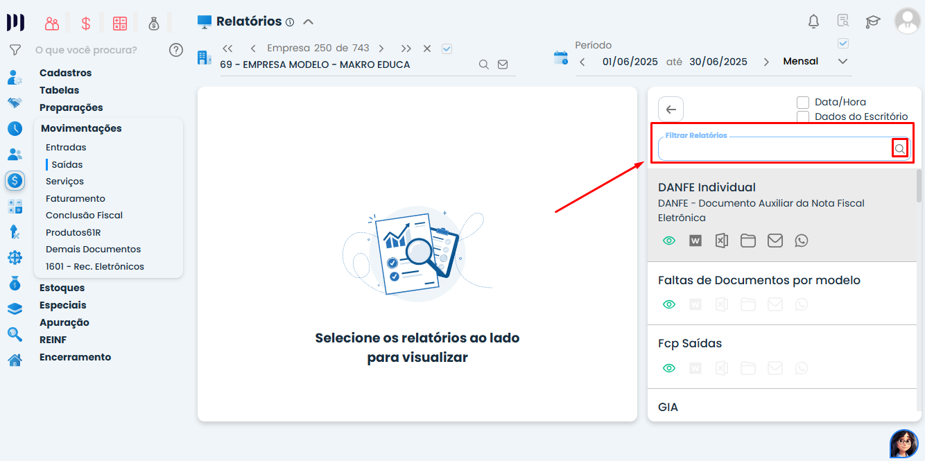 Painel de Relatórios no Sistema Contábil Makro com campo Filtrar Relatórios destacado para buscar Relatórios de Saída no período selecionado.