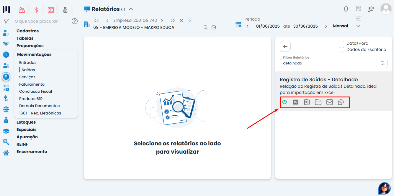 Tela do Sistema Contábil Makro exibindo Registro de Saídas – Detalhado com opções de exportação para Relatórios de Saída em diversos formatos.