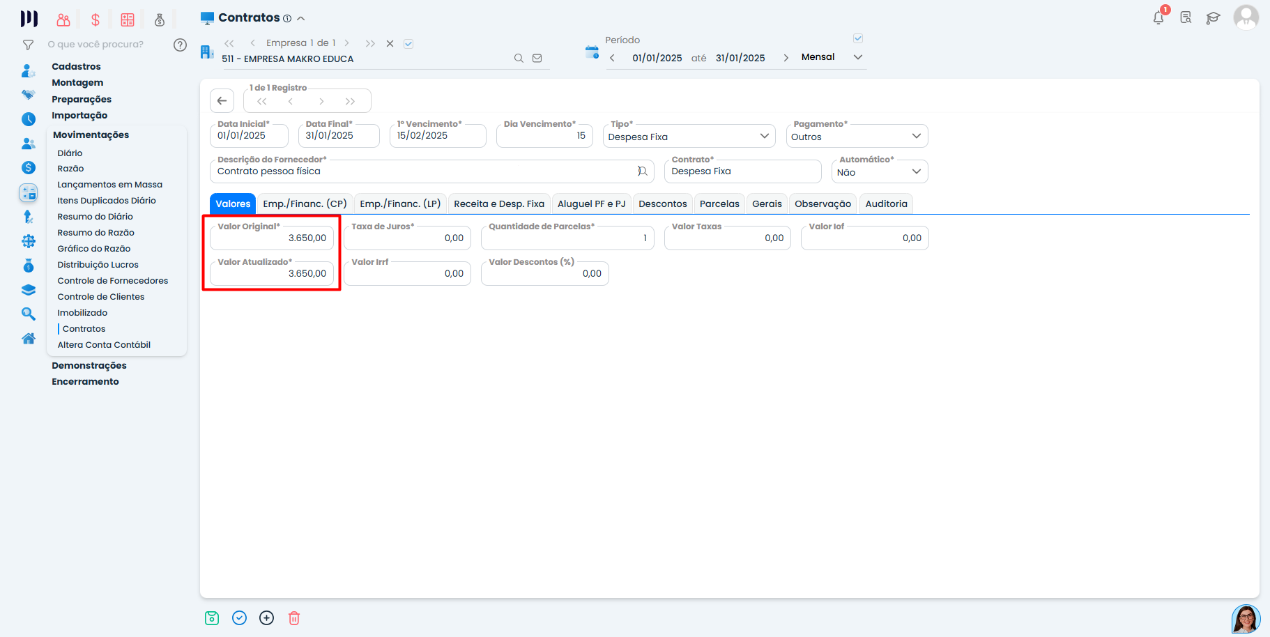 Campos Valor Original e Valor Atualizado no Sistema Contábil Makro configurados para Despesa Fixa para o período seguinte.