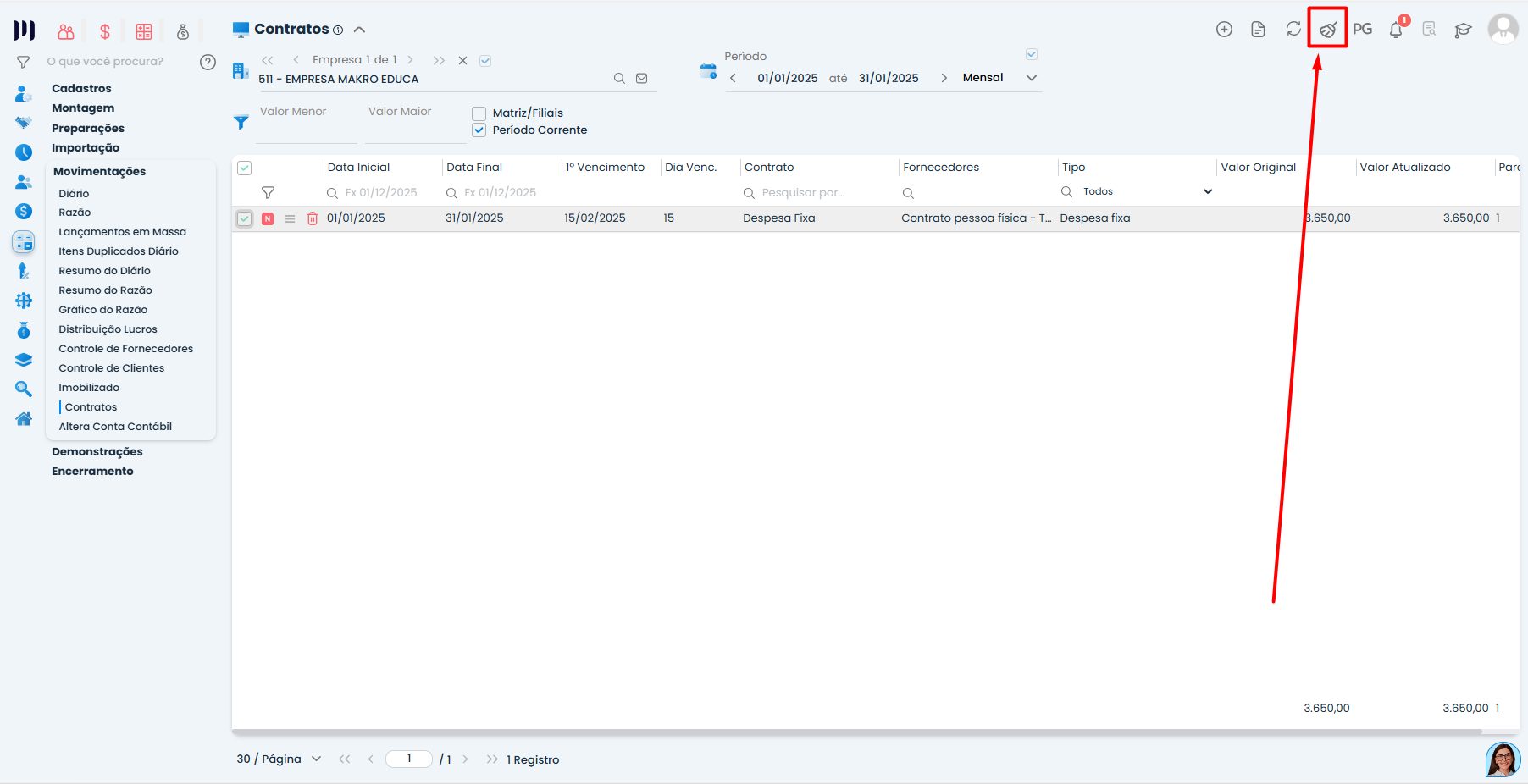 Tela de contratos do Sistema Contábil Makro com ícone de replicação destacado para Despesa Fixa para o período seguinte.