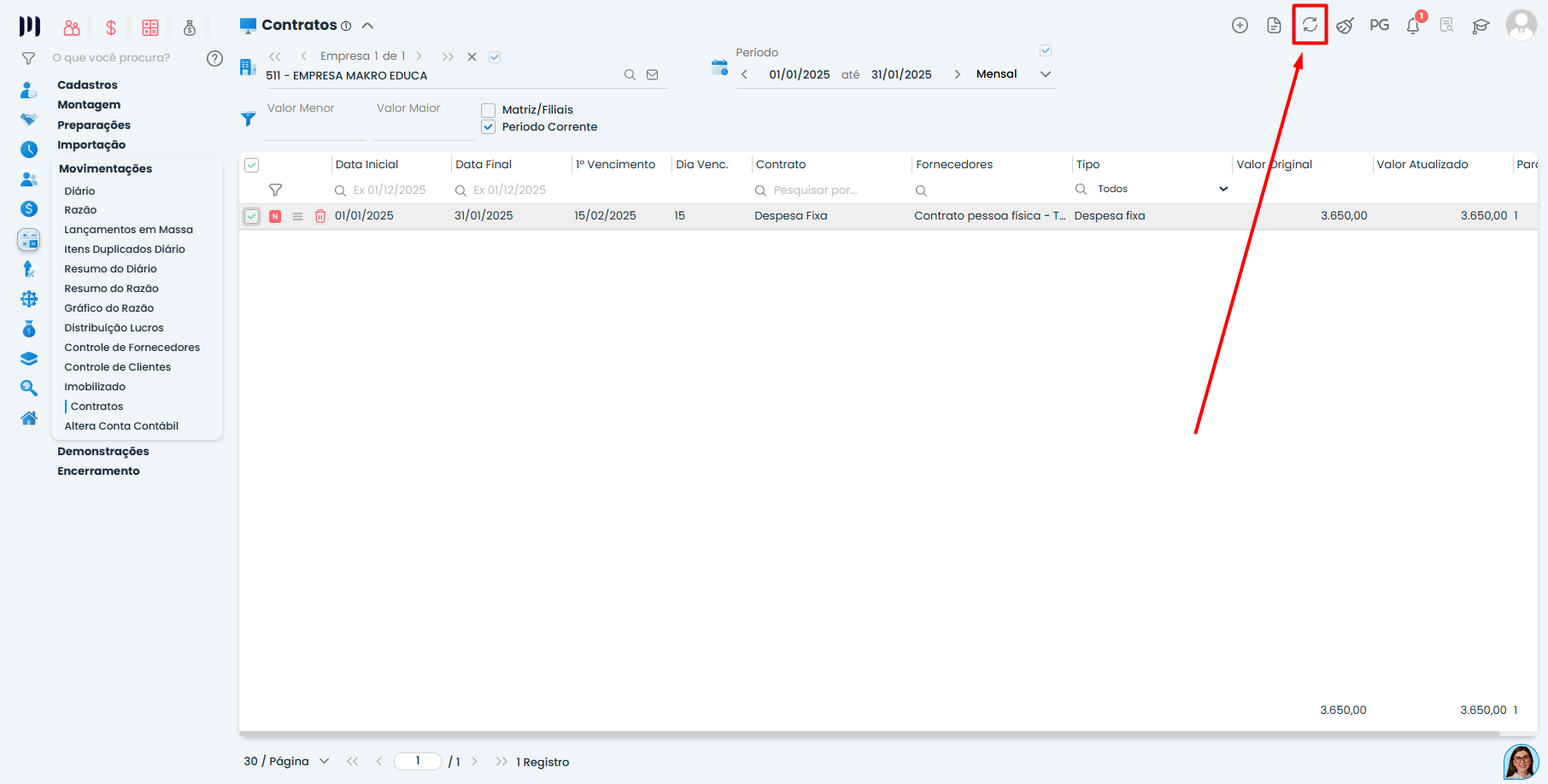 Ícone de replicação destacado no Sistema Contábil Makro para gerar Despesa Fixa para o período seguinte automaticamente.