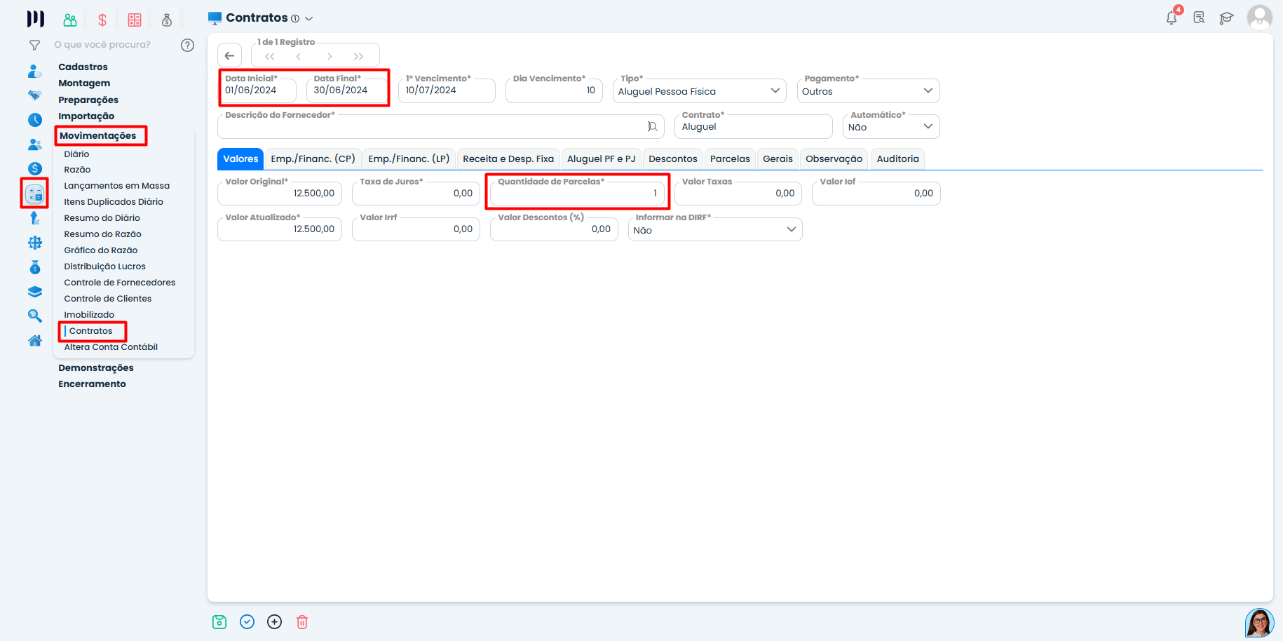 Tela do Sistema Contábil Makro com datas inicial e final mensais e quantidade de parcela igual a 1 configuradas para Replicação de contratos.