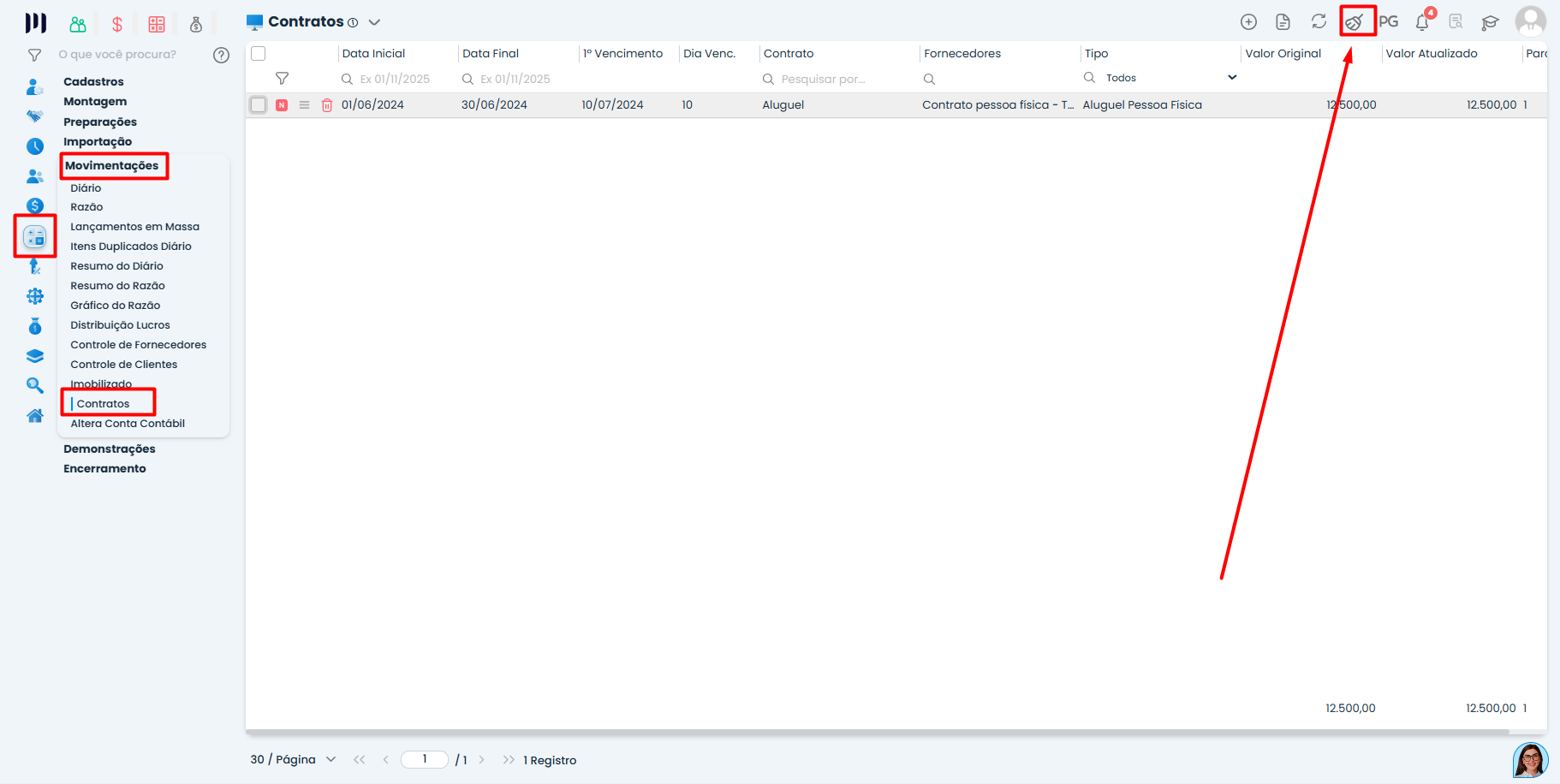 Menu Movimentações > Contratos no Sistema Contábil Makro destacado para iniciar o processo de Replicação de contratos.