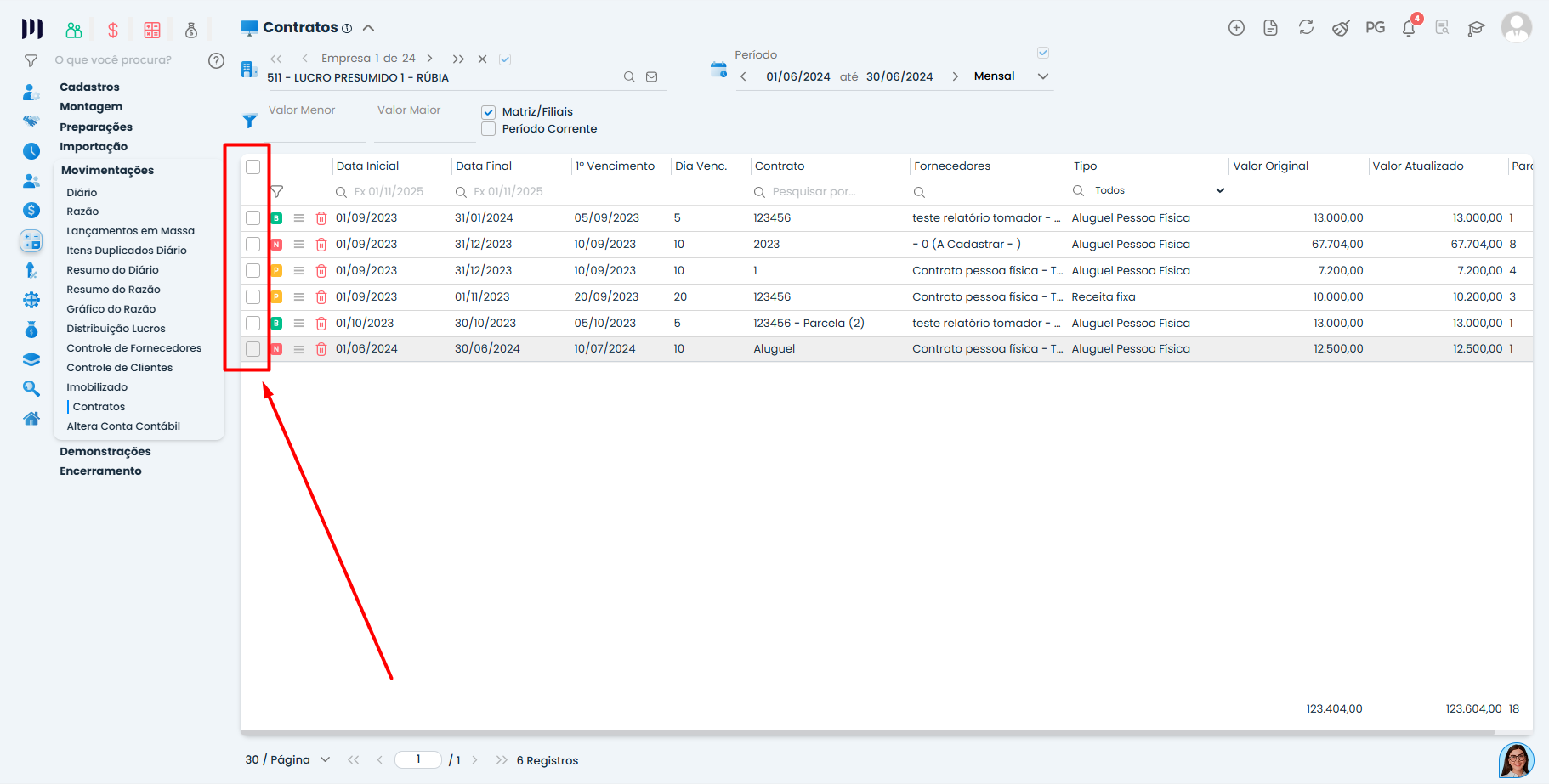 Lista de contratos no Sistema Contábil Makro com caixas de seleção marcadas para executar a Replicação de contratos no período corrente.
