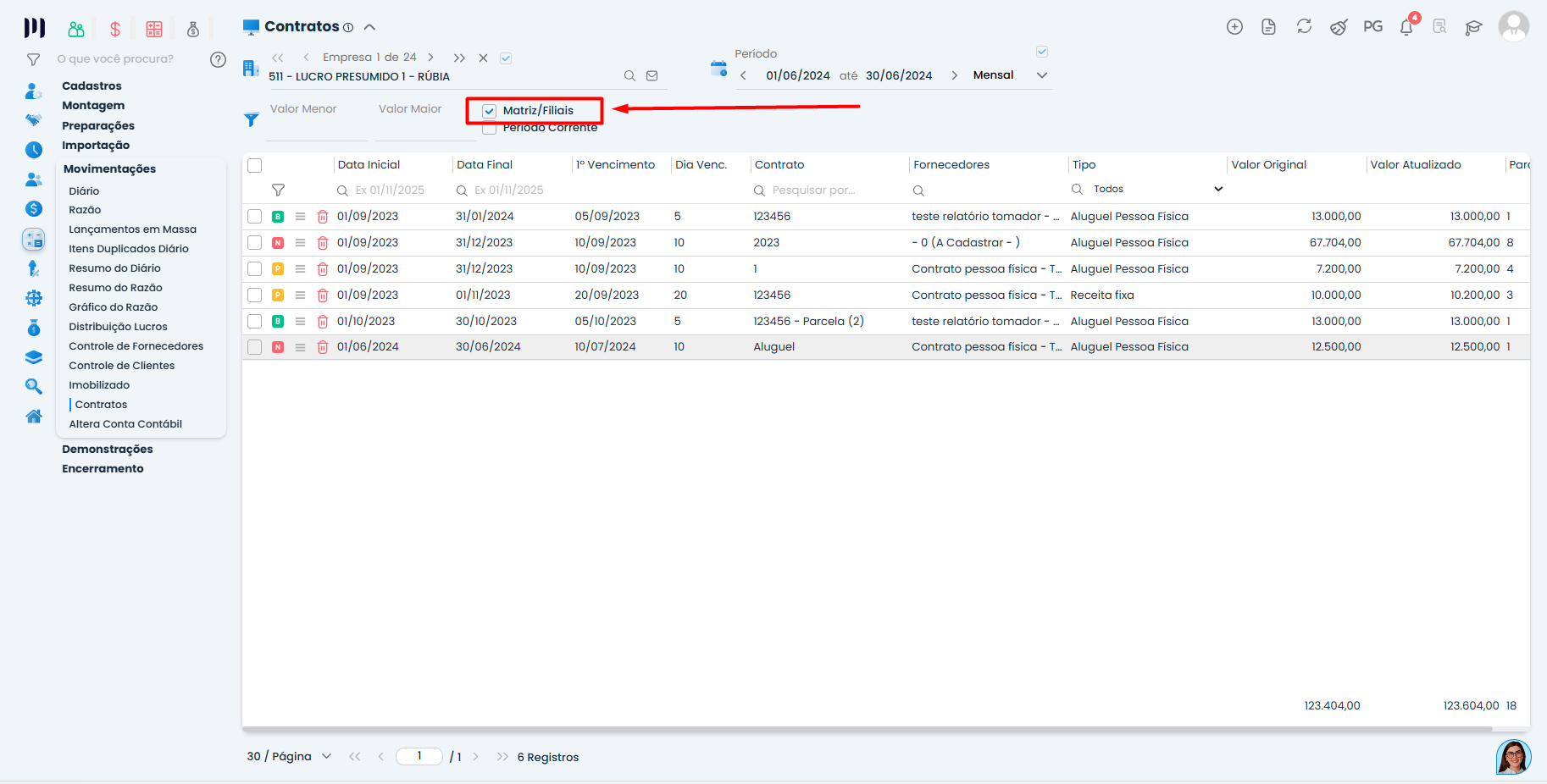 Filtro Matriz/Filiais desmarcado na tela de contratos do Sistema Contábil Makro para garantir Replicação de contratos correta.