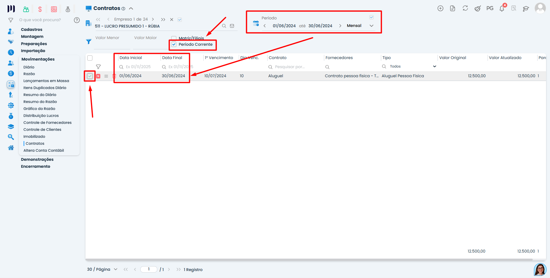 Período corrente ativado no Sistema Contábil Makro com datas mensais exibidas para validação da Replicação de contratos.