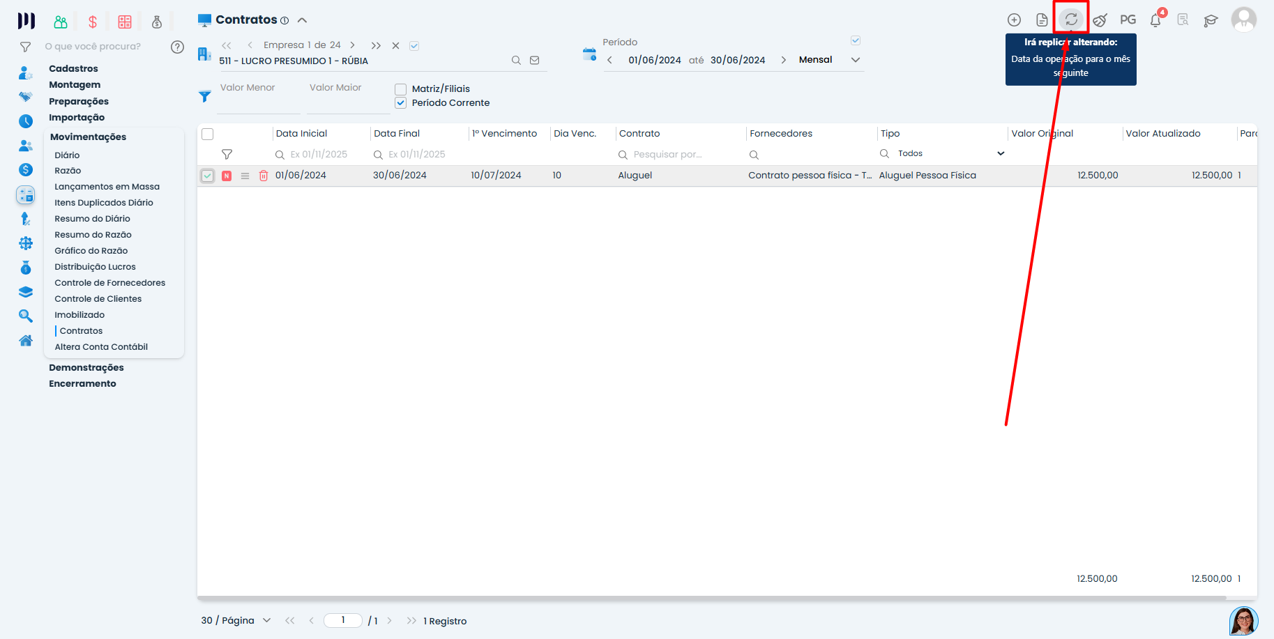 Botão para avançar o mês destacado no Sistema Contábil Makro após executar a Replicação de contratos.