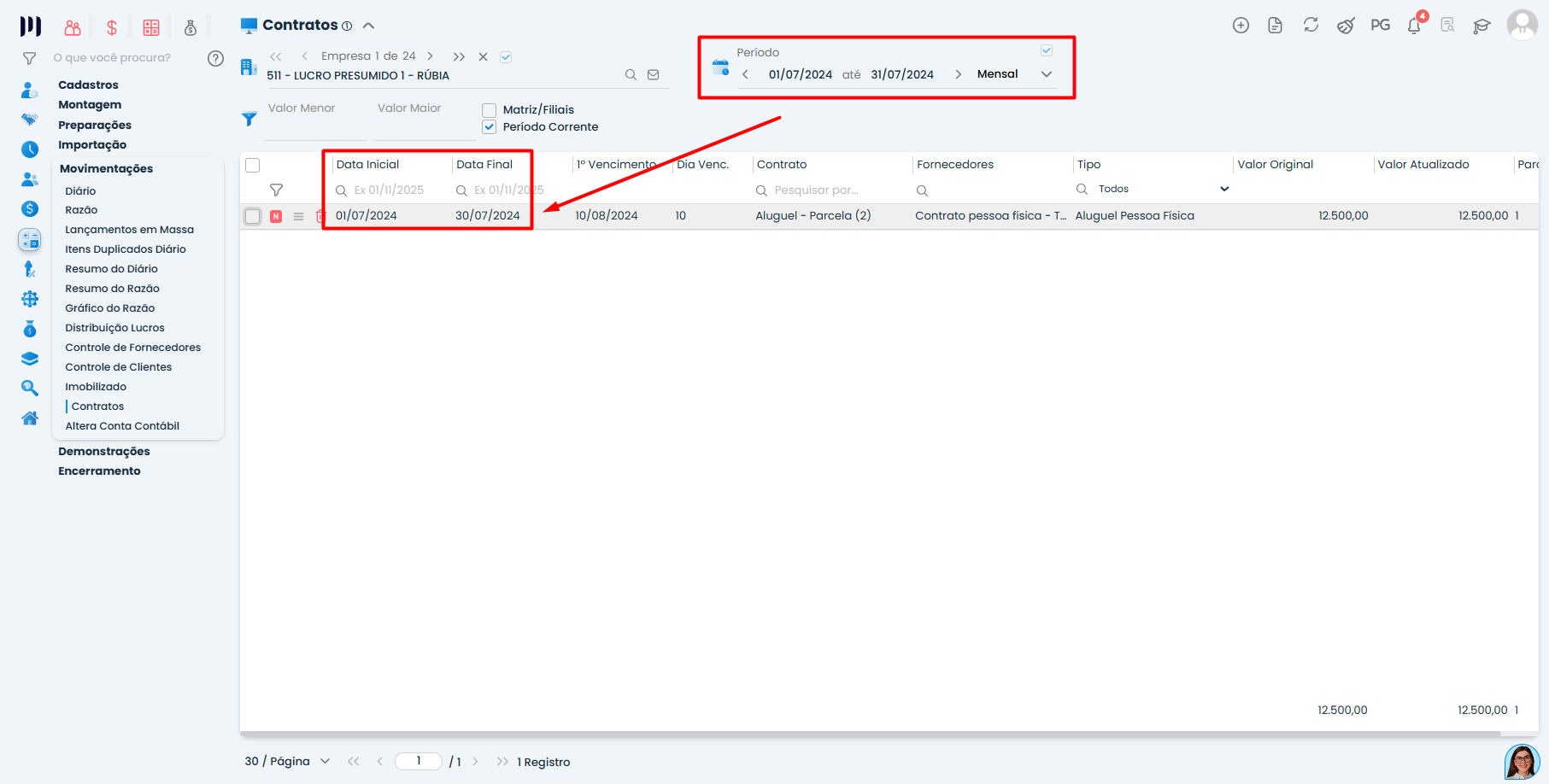 Contrato replicado no Sistema Contábil Makro com novas datas mensais após a execução da Replicação de contratos.
